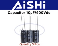 Capacitor 10uF 400V คาปาซิเตอร์ 10uF 400V ตัวเก็บประจุ ตัวC 1ชุดมีจำนวน 3 ชิ้น(ตัว)ขนาด10x20mm ขาห่า