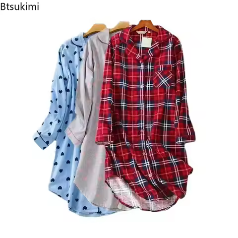 Women's Flannel Cotton Home Nightdress Cardigan Shirt Night Dress Cute Cartoon Plaid Design Sleepwea