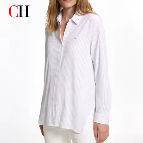 CH Woman's clothing - White vertical striped long-sleeved shirt - Buttoned neckline - With golden lo