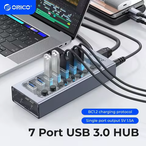 ORICO USB3.0 Hub Aluminum Industrial 7-Port Splitter Split Switch with 12v Power Adapter for Macbook