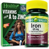 Spring Valley Iron 65 mg 325 mg Ferrous Sulfate 100 Tablets and Vital Volumes Vitamin A to Zinc Tips