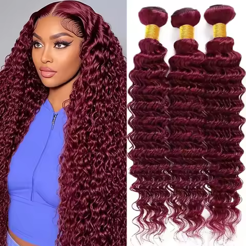 99J Deep Wave 1 3 Human Hair Bundles Brazilian Remy Hair Weave Burgundy Real Unprocessed Virgin Hair