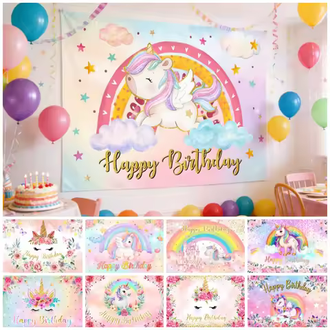 Cartoon Unicorn Theme Birthday Decoration Backdrops Dreamy Castle Rainbow Clouds Flowers Girl Birthd