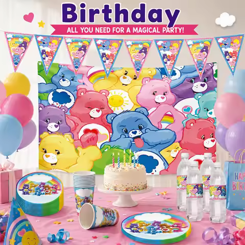 Colorful Care Bears Anime Themed Plate Cups Banner Background Stylish for Birthday Party with Family