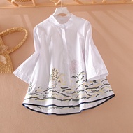Áo Sơ Mi Nữ Cổ Đứng Thêu Hoa Dáng Rộng Tay Lửng Mùa Xuân Thu Cổ Điển Thanh Lịch Dài Tay Áo Sơ Mi Cot