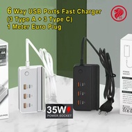 6 USB Ports 35W Fast Charger Socket (3 USB + 3 Type C Ports) with 1 Meter Cable and Euro 2 Pin Plug