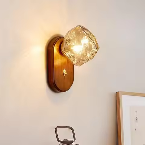 Retro Industrial Ice Cube Glass Wall Lamp Wooden Base G9 LED Atmosphere Ambient Lighting for Bedroom