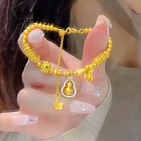 9999 24K real gold point drill rotating small gourd safe transport beads disk wrap bracelet women's 