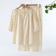 2025 New Spring and Summer Womens Cotton Pajamas Set Printed Short Sleeves + Cropped Pants Two-piece