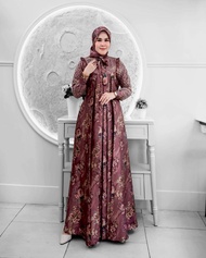 gamis motif armany brown kombinasi tile kotak set hijab terbaru/dress fashion wanita ukuran m-xxl