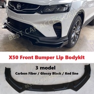 PROTON X50 Sporty Front Lip Front Bumper Lip Bodykit Carbon Fiber Glossy Black Red line 1 set 3pcs