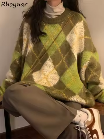 Retro Green Pullovers Women Cozy Minimalist BF Style Autumn Argyle Casual Harajuku Baggy Sweater Lon