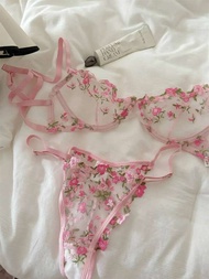 ชุดชั้นในฝรั่งเศส YUQI ชุดลูกไม้ปักดอกไม้ บราเซ็กซี่แบบสุภาพ บิกินี่ผู้หญิง ระบายอากาศได้ดี สบาย ขนา