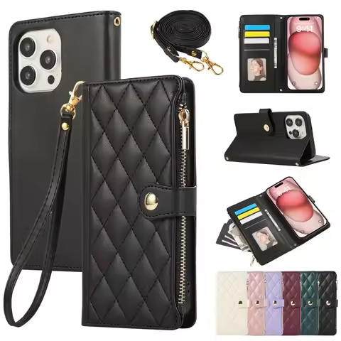 Crossbody Wrist Strap Leather Phone Case for IPhone 16E 17 Ari 16 15 14 13 12 11 Pro Max XS 8 Plus W