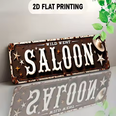 Vintage Western Saloon Sign Rustic Aluminum Wall Art Cowboy Hat Stars Bold Letters Bar Restaurant Li