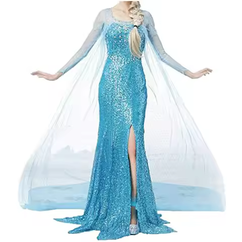 Frozen Elsa Princess Long Dress Sequin Mesh Elsa Costume Adult Snow Queen Costume Party Dress Hallow