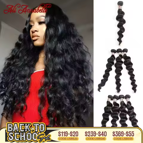 ALI ANNABELLE Peruvian Loose Wave Hair Bundles Human Hair Extensions1/3/4 Bundles Deal 100% Human Ha