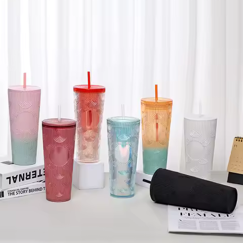 outdoor double wall 24oz 700ml 710ml plastic ocean waves tumbler cup with straw