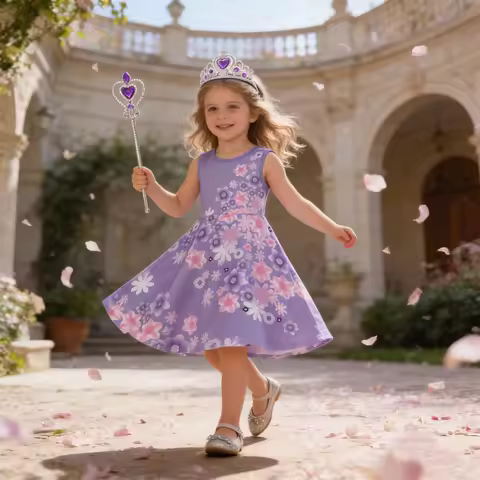 Girls Purple Floral Sleeveless Princess Dress with Crown and Wand 2026 Children Summer Casual Isabel