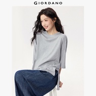 GIORDANO Women T-Shirts 100% Cotton Crewneck 3/4 Sleeve Tee Side Vents High-Low Hem Fashion Casual L