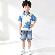 Terno for Kids Boy Polo Blue Dinosaur Design Shirt Maong Short 1-5yrs old E76