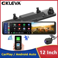 EKLEVA 4K Dual Lens Car Mirror Carplay &amp; Android Auto Wireless Dash Cam 1080P Video Recorder WiFi Connection GPS Navigation