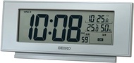 Seiko Clock NAVI SQ794S Silver Metallic Table Clock, Body Size: 3.0 x 6.9 x 1.5 inches (7.7 x 17.4 x 3.8 cm), Alarm Clock, Radio Waves, Digital, Temperature, Humidity, Display, Comfortable Environment