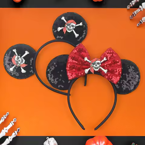 Skull Crossbones Pirate Mickey Mouse Ear Headband Bat Pumpkin Bow Halloween Hairband Festival Party 