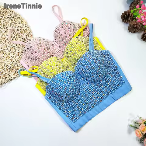 IRENE TINNIE Fashion Pearl Rhinestone Women's Y2k Bustier Bra Wedding Corset Party Cropped Top Vest 