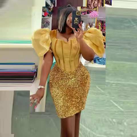Gold Velvet And Sequined Short Prom Dress Puffy Short Sleeves Above Knee Evening Gowns African Cockt
