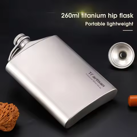 Tiartisan 200ml/260ml Portable Pure Titanium Hip Flask With Funnel Outdoor Hiking Pot Whiskey Wine P