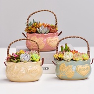 K-Y/ Personalized Creative Succulent Portable Basket Flower Pot Ceramic Relief Stoneware Breathable Fresh Succulent Gard