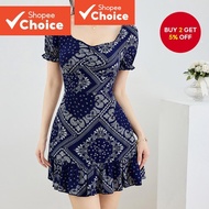 B131-2 - Ethnic Print Puff Sleeve Draped Neck Dress - DRB131P1D539  B131-2-Gaun Lengan Gelembung Cet