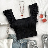 เสื้อยืดผู้หญิงลายผ้าพื้นสีดำแขนสั้นคอสแควร์ WYWH สำหรับวันหยุดฤดูร้อน