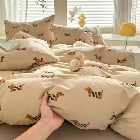 Cute Dog Printed Duvet Covet Set Brown Color Comforter Cover with Pillowcase for Kids Single/Queen/K