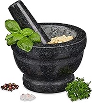 Relaxdays 10029951 Granite Pestle, Robust and Durable, Spices, Herbs, Polished Stone Mortar, Diameter 14 cm, 400 ml, Grey, Black