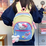 Balo Kẻ Sọc Vàng Xanh Hello Kitty -Cặp Sách Phong Cách Ulzzang Hàn Quốc (Không có mặt dây chuyền)