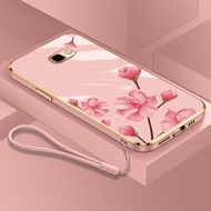 Casing Samsung Galaxy J4 Plus 2018 J6 Plus J2 Prime J7 Prime J7 Pro J7 2017 Ultra-thin Luxury plating pink Flower pattern Phone Case Soft TPU Square Cover with Lanyard