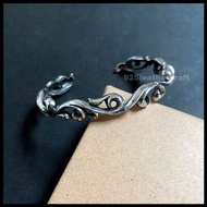 銀革手作 925 純銀 波浪 唐草紋 手鐲