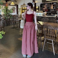 2-Tie Shoulder Bow Crochet Top Set, Elastic Zip with Long Checkered A-Line Skirt, Sexy, Sweet Style,