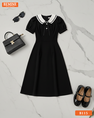 Đầm thiết kế BEMINE cổ sen phối viền đính nơ dáng chữ A phù hợp đi làm-B115