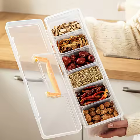 7pcs Spice Storage Containers with Lids, Stackable Divided Seasoning Box Set, Airtight Transparent F