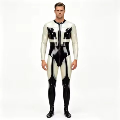 Women Handmade Natural Liquid Latex Catsuit Black & Transparent Latex Patchwork Long Sleeve Bodysuit