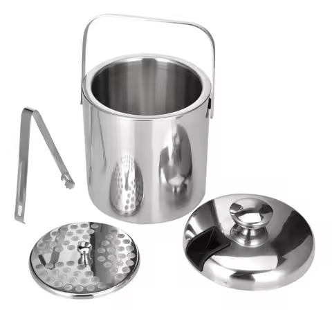 1.3L Double Walled Stainless Steel Ice Cube Container Ice Bucket Container with Tongs Lid For Storag