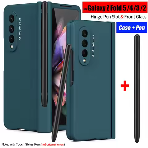 with Touch Pen For Samsung Galaxy Z Fold 5 4 3 2 5G Case Hinge Pen Slot Front Screen Glass Protect C