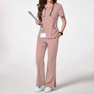 Solid Color V-Neck Short Sleeve Top With Pocket And Pants Uniform Set Set Scrub Set Nurse Dresses Sc