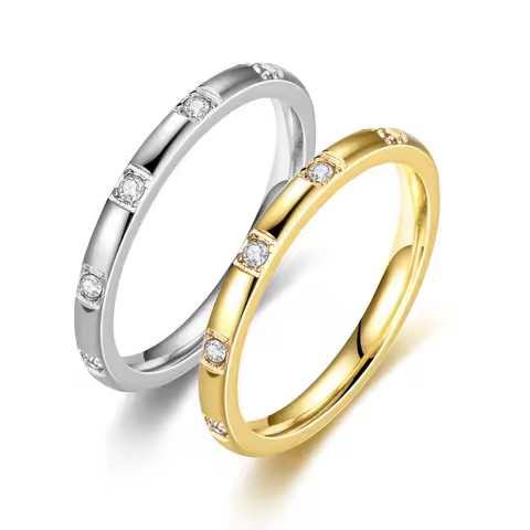 Women's Gold Ring 2mm Thin Silver Color Titanium Stainless Steel Crystal Wedding Rings for Woman Gir