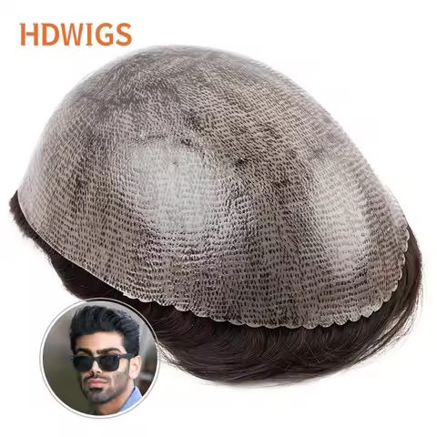 Men Toupee Full PU 0.12-0.14cm ISKIN With Knots Men's Capillary Prosthesis Real Indian Human Hair Wi