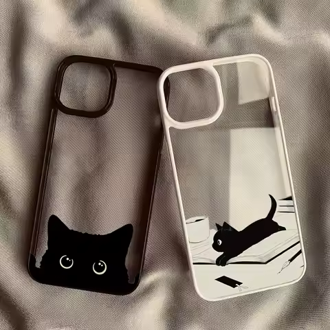 Cute Black Cat Pattern Hard Clear Phone Case For iPhone 15 16 17 Pro Max 16 Plus 17 Air 16E 14 13 12