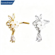 LOVESTREET 1Pc Fairycore Floral Teardrop Dangle Nose Cuff L-Shaped Sparkling Zircon Nose Piercing St